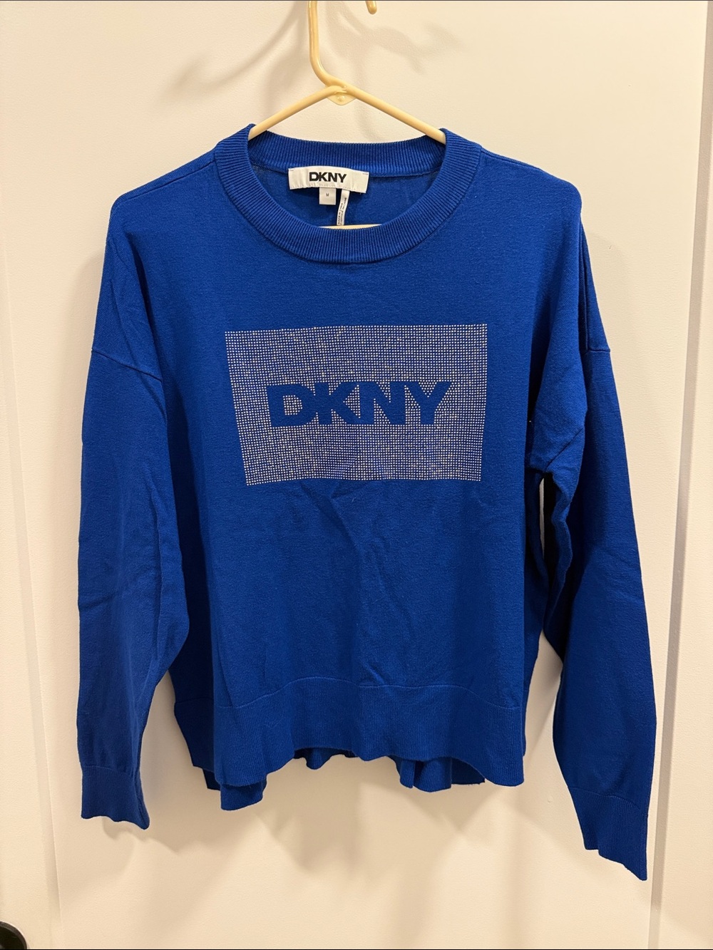 DKNY Cobalt Blue Crewneck Sweater with Logo Panel